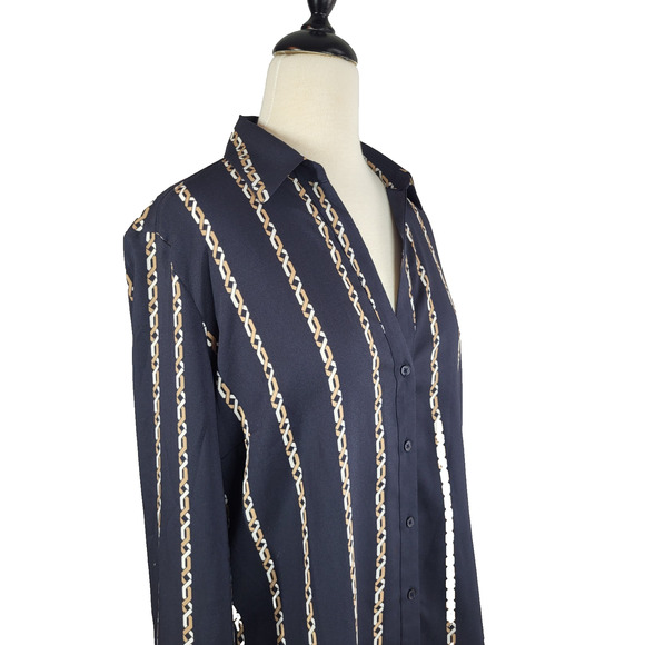 Ann Taylor Chain Link V-Neck Button Up Blouse L Navy Equestrian Career Stripe - Picture 9 of 11